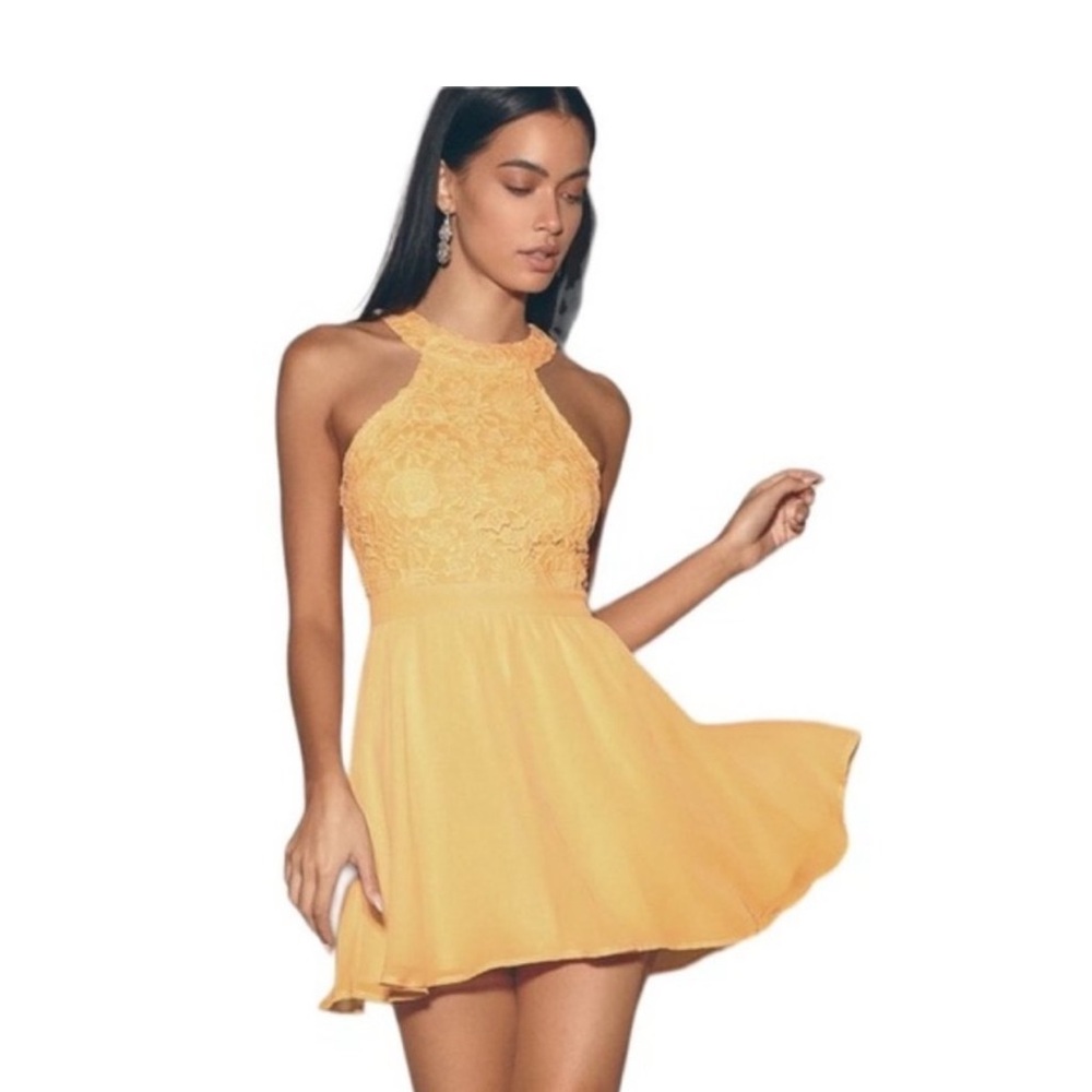 Lulus Skater Dress Small Yellow Halter Floral Lace Overlay Sleeveless Mini